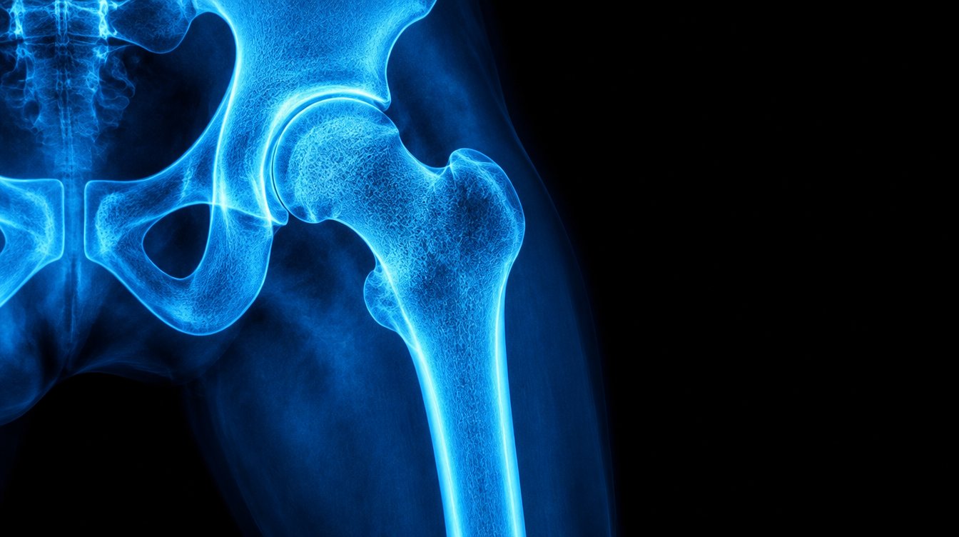 Blue x-ray of the hip and femur bones