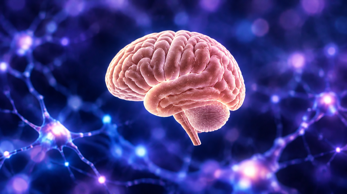 Stylized side profile of the human brain over neural synapses